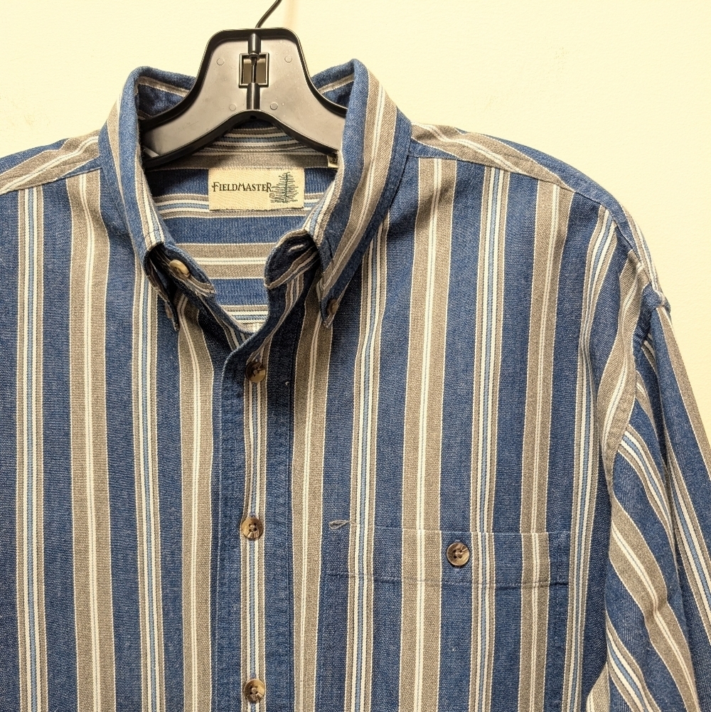 Fieldmaster Vintage Blue White and Tan Denim Striped Button Down Shirt Men's M - Picture 4 of 12